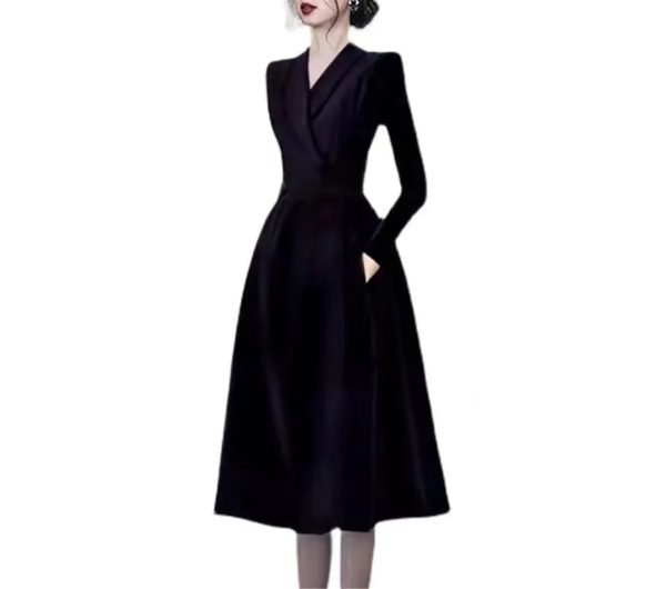 51gKYUTQx5L.jpg Women's Notched Suit Midi Dress - Office Lady Slim Black Long Sleeve