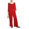 51hZXxRWdZL.jpg Plus Size Women's Velvet Suit - Fashion Collar Blouse & Wide Leg Trousers Contemporary Silhouette