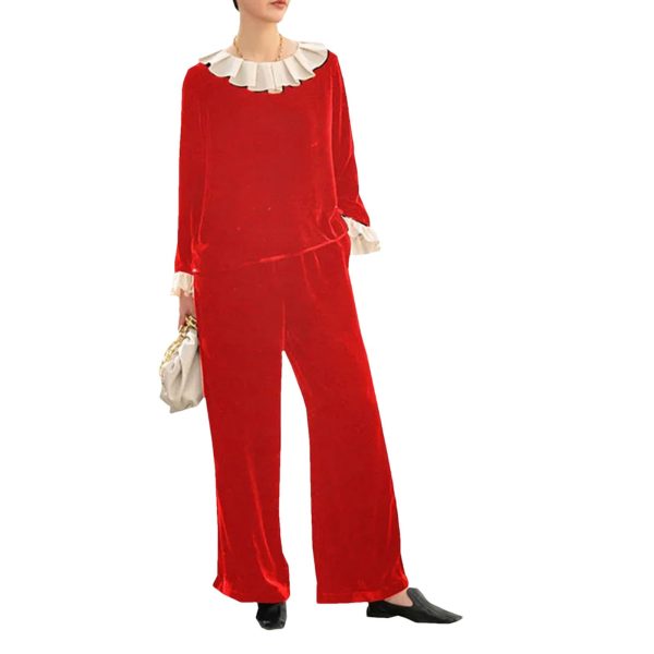 51hZXxRWdZL.jpg Plus Size Women's Velvet Suit - Fashion Collar Blouse & Wide Leg Trousers Contemporary Silhouette