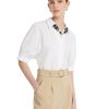 51iKLhxeuwL.jpg Business Casual Tops for Women Elegant V Neck White Dress Shirts Puff Sleeve Blouse for Work with Attached Silk Scarf