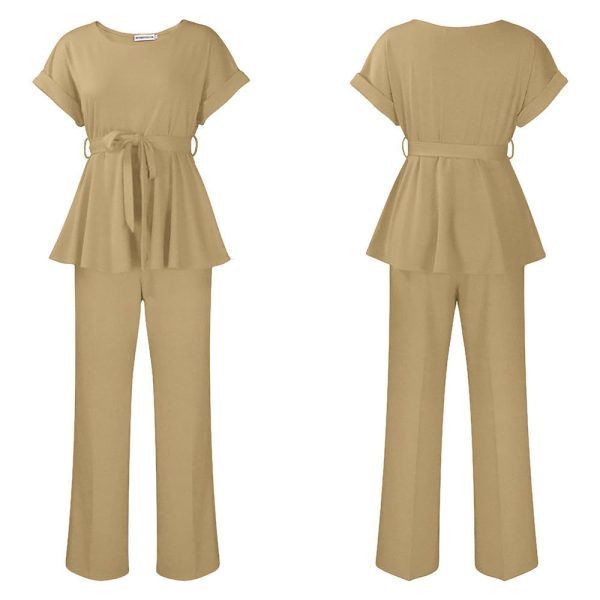 51iQGqzNZ5L.jpg Women's 2 Piece Outfits Suit Set Short Sleeve Peplum Top Flared Pants Sets Business Pantsuits