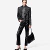 51jtHUmnruL.jpg Women's 2-Piece Suit Wide Herringbone Notch Lapel Double Breasted Buttons Jacket Leather Pants Work Meeting