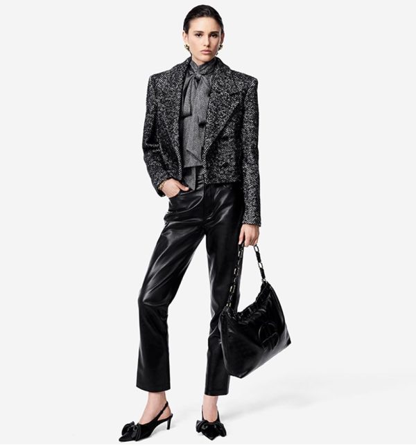 51jtHUmnruL.jpg Women's 2-Piece Suit Wide Herringbone Notch Lapel Double Breasted Buttons Jacket Leather Pants Work Meeting