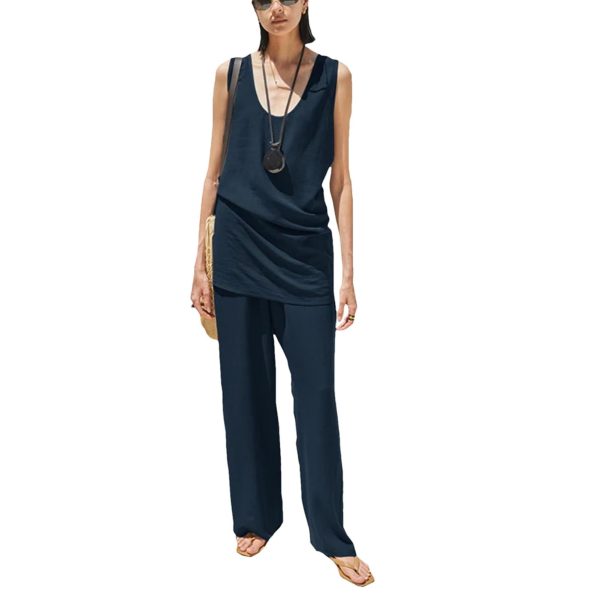 51k3VwRIDqL.jpg Women's Linen Lounge Set - Coffee Vest & Wide Leg Pants Summer Cooling Athletic Wear