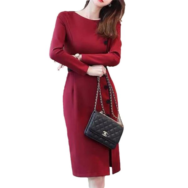 51l5XQpU8IL.jpg Women Contrast Color Elegant Temperament Party Dresses Office High Waist Long Sleeve Slim Midi Dress
