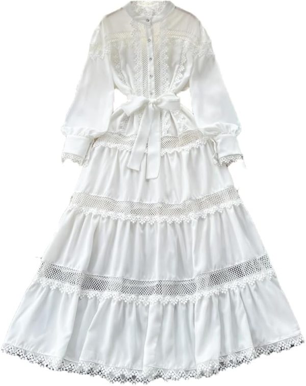 51qhr6QnFiL.jpg Elegant Lace Patchwork Maxi Dress Women Hollow Out Short Sleeve O Neck Lightweight Beach Dress