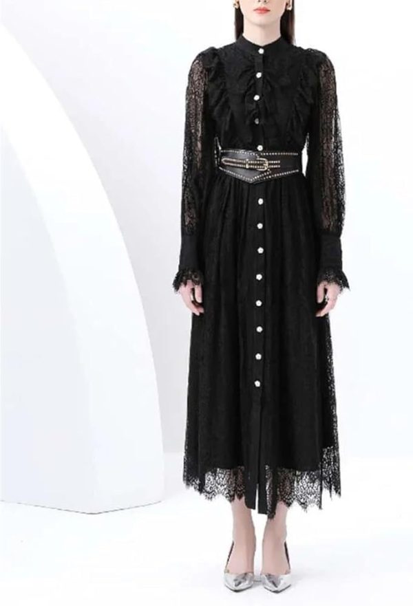 51tGXVLalmL.jpg Vintage Lace Midi Dress Women O Neck Puff Sleeves Empire Waist Hollow Out A Line Single Breasted Dress