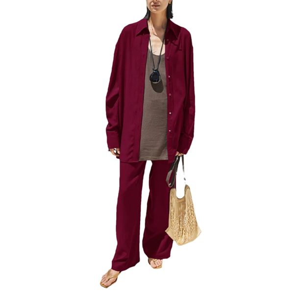 51uG1LJzfML.jpg Women's Linen Comfort Set - Long Sleeve Shirt & Straight Leg Pants Cooling Lounge