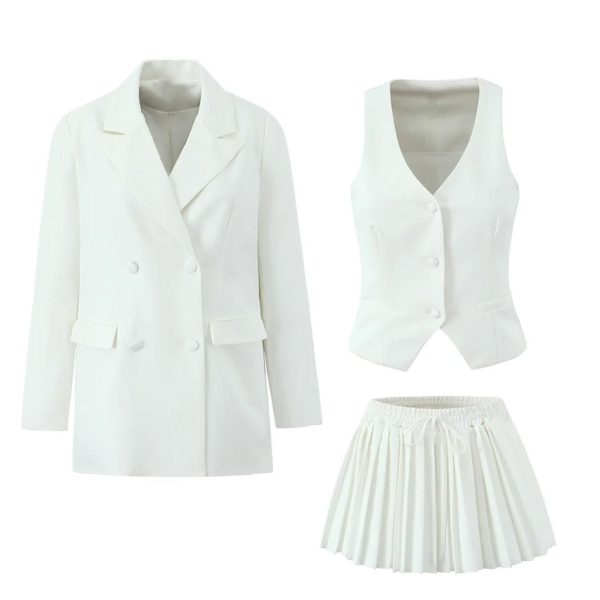 51utpFRugzL.jpg Women's 3-Piece Blazer Suit - Notched Twill Jacket & Bow Waist Pleated Skirt