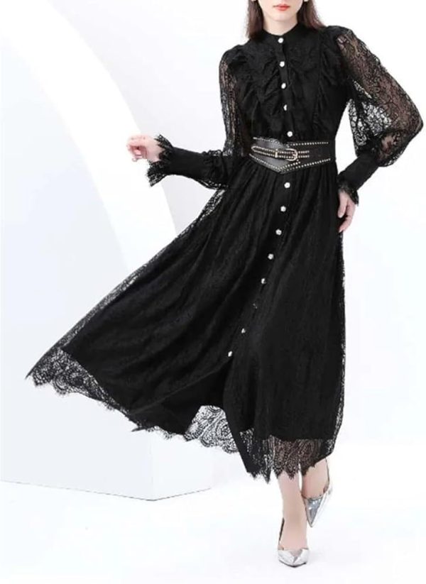 51v-N0tjomL.jpg Vintage Lace Midi Dress Women O Neck Puff Sleeves Empire Waist Hollow Out A Line Single Breasted Dress