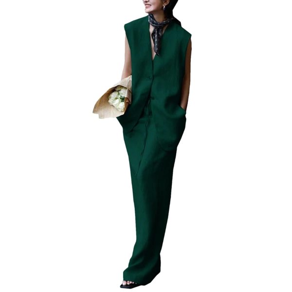 Women's Urban Linen Set - Sleeveless Top & Wide Leg Trousers City Chic Style