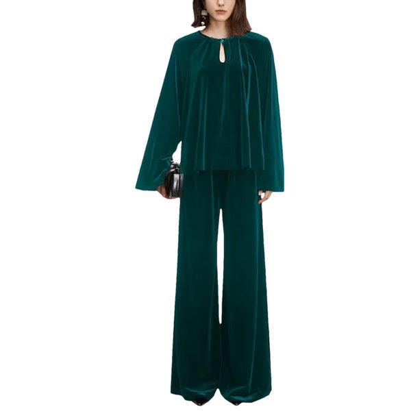 51wFzTpj4IL.jpg Plus Size Women's Velvet Set - Pullover Top & Wide Leg Pants Relaxed Comfort Fit