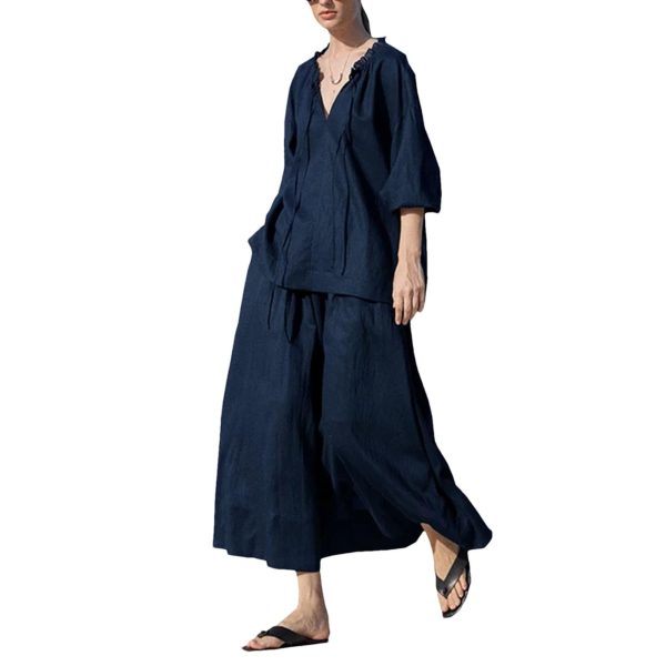 51whmeF4BLL.jpg Women's Linen Suit Set - Black Skirt Seven Sleeve Travel Business Ensemble