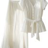 51zfBy0vsL.jpg Womens 2 Piece Chiffon Outfits Short Sleeve Blouse and Pleated A Line Long Skirt Set with Belt for Work Office