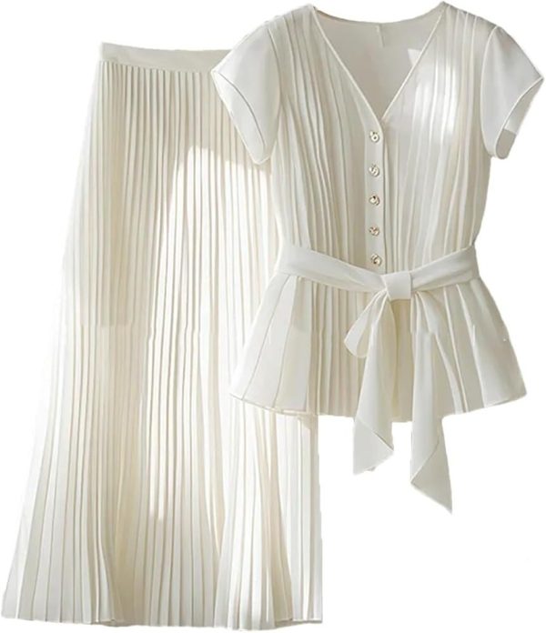 51zfBy0vsL.jpg Womens 2 Piece Chiffon Outfits Short Sleeve Blouse and Pleated A Line Long Skirt Set with Belt for Work Office