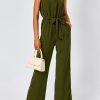61-gs8xIzFL.jpg Jumpsuits For Women Dressy Summer One Piece Sleeveless Ruffle Mock Neck Belt Pockets Formal Wide Leg Pants Romper