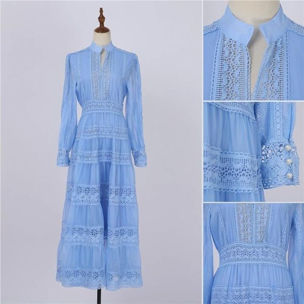610Qa6VY7TL.jpg Women's Muslim Wedding Guest Dress Long Sleeve Cotton Lace Embroidery Plain Maxi Bridesmaid Evening Dress