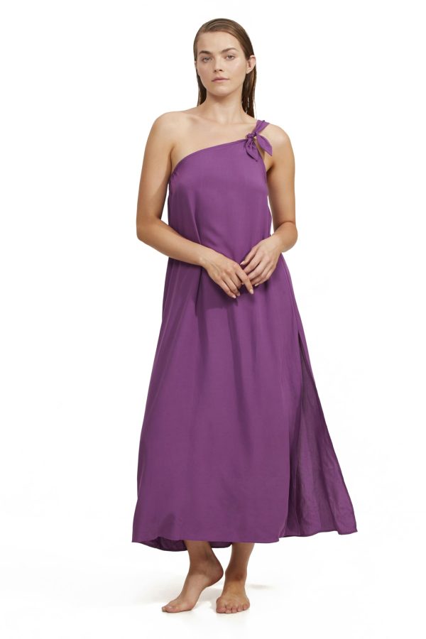 6132ARXCeKL.jpg Luma Women's One Shoulder Sarong Style Maxi Dress Coverup with Side Leg Slit and Adjustable Bow Tie