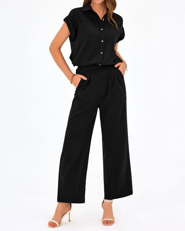 613QuwLNlXL.jpg Womens 2 Piece sets Summer Cap Sleeve Tops Palazzo Pants Dressy Casual Vacation Travel Outfits Tracksuits
