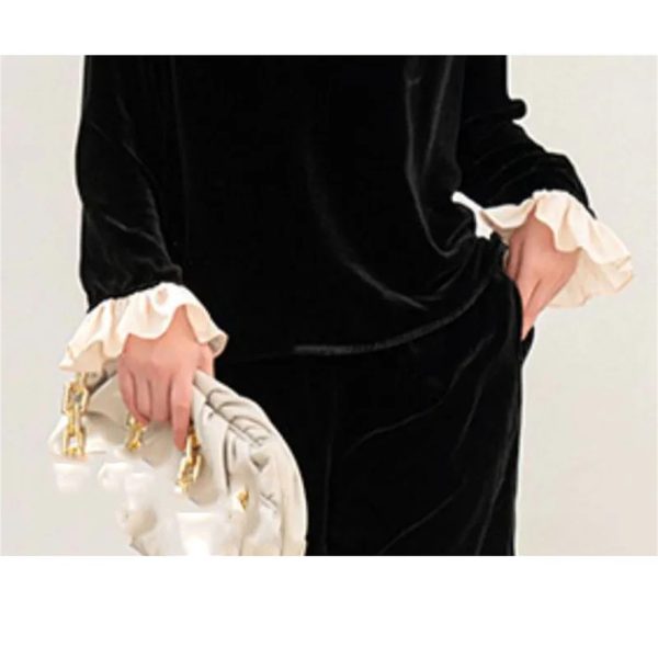 613v9LEiaoL.jpg Plus Size Women's Velvet Suit - Fashion Collar Blouse & Wide Leg Trousers Contemporary Silhouette