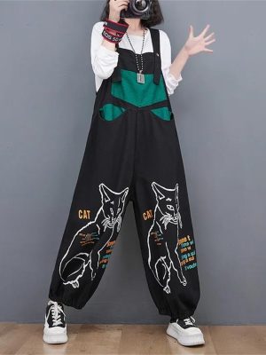 616fZkRrQ7L Women Loose Vintage Streetwear Wide Leg Jumpsuits Denim Overalls Spliced Black Cartoon Printed Jumpsuits