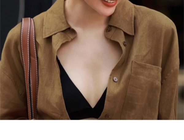 616hoDVmsHL.jpg Women's Linen Business Set - Brown Shirt & Wide Leg Pants Elegant Professional Attire