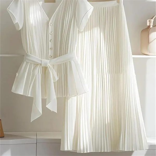 616n4bxzvIL.jpg Womens 2 Piece Chiffon Outfits Short Sleeve Blouse and Pleated A Line Long Skirt Set with Belt for Work Office