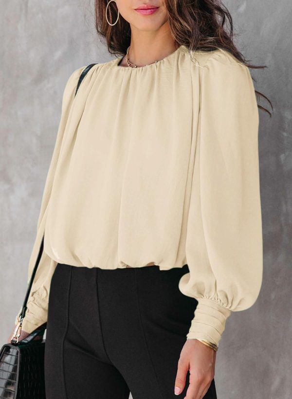 6199TDiVeiL.jpg Women's Tops Blouses for Women Casual Long Sleeve Shirts Crew Neck Bohemian Solid Color Spring Work Business