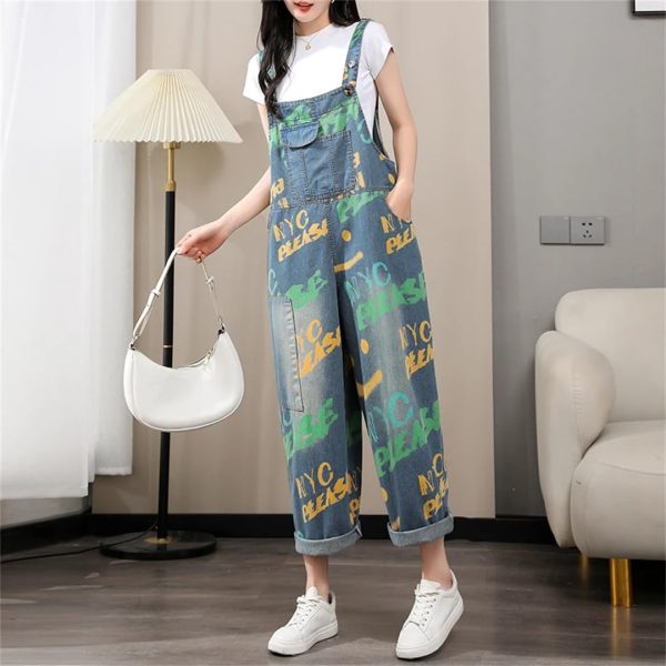 61A2r5t5PkL.jpg Women Printed Denim Overalls Sleeveless Wide Leg Denim Jumpsuits Loose Vintage Jumpsuits