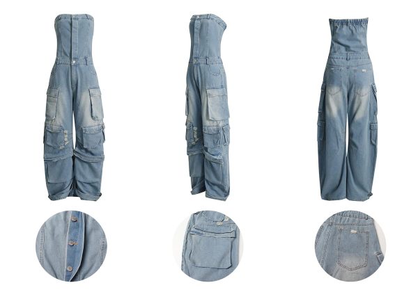 61Bpk4zurL.jpg Women's Cargo Denim Jumpsuit Strapless Multi Pockets Wide Leg Loose Baggy Jean Romper Cargo Jeans
