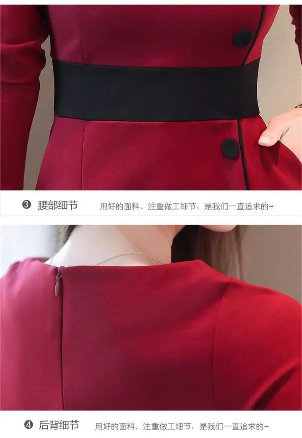 61DGlji-7FL.jpg Women Contrast Color Elegant Temperament Party Dresses Office High Waist Long Sleeve Slim Midi Dress