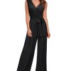 61DVd6pxkL.jpg Women's Sleeveless Deep V Neck Ruched Wide Leg Jumpsuit Long Romper Belt with Pockets
