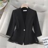 61GKgu9Q0CL.jpg Women Elegant Black White Blazer Ruffle Slim Fit Half Sleeve Formal Office Top Work Jacket