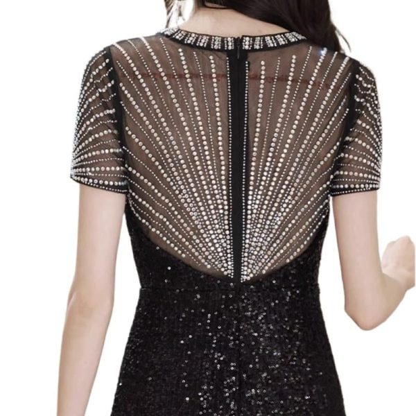 61HnOtfoQBL.jpg Elegant Round Neck Black Sequin Cocktail Dress Women Formal Party Evening Dress