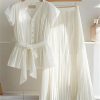 61IT8VqjjKL.jpg Womens 2 Piece Chiffon Outfits Short Sleeve Blouse and Pleated A Line Long Skirt Set with Belt for Work Office