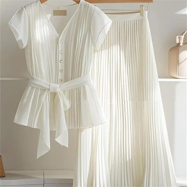 61IT8VqjjKL.jpg Womens 2 Piece Chiffon Outfits Short Sleeve Blouse and Pleated A Line Long Skirt Set with Belt for Work Office