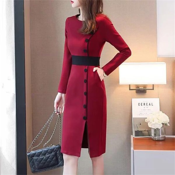 61J3QU0w1sL.jpg Women Contrast Color Elegant Temperament Party Dresses Office High Waist Long Sleeve Slim Midi Dress