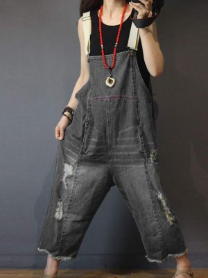 61Jy9kBHA0L.jpg Women Casual Loose Cropped Denim Jumpsuits Rompers Jeans Overalls Distressed Ripped Fringed/Pockets P49