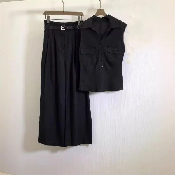 61K-wKreANL.jpg Women's Linen Vest Set - High Waist Wide Leg Pants