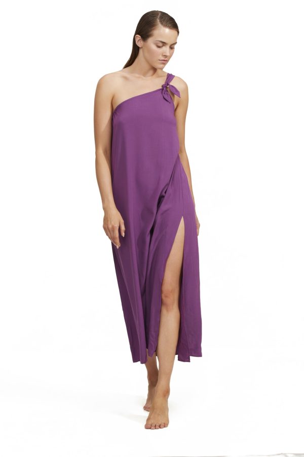 61KFbyaZAQL.jpg Luma Women's One Shoulder Sarong Style Maxi Dress Coverup with Side Leg Slit and Adjustable Bow Tie