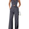 Women's 2 Piece Solid Sleeveless V Neck Cross Back Button Down Blazer and Pants Business Office Suit Set