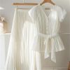 61MCRPBVpJL.jpg Womens 2 Piece Chiffon Outfits Short Sleeve Blouse and Pleated A Line Long Skirt Set with Belt for Work Office