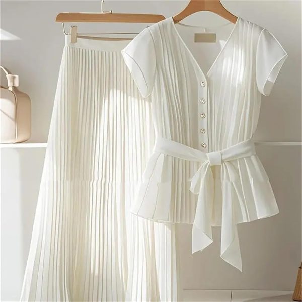 61MCRPBVpJL.jpg Womens 2 Piece Chiffon Outfits Short Sleeve Blouse and Pleated A Line Long Skirt Set with Belt for Work Office