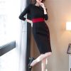61MJLgfOGFL.jpg Women Contrast Color Elegant Temperament Party Dresses Office High Waist Long Sleeve Slim Midi Dress