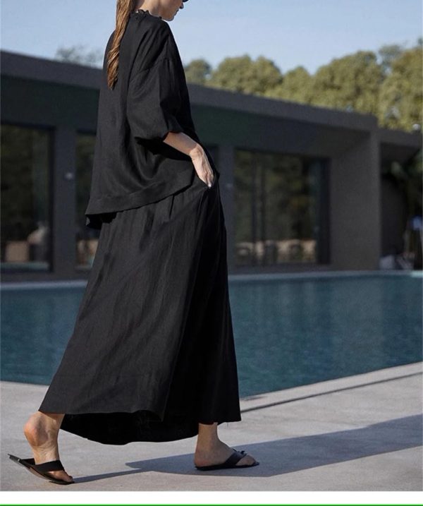 61MZEzCfTZL.jpg Women's Linen Suit Set - Black Skirt Seven Sleeve Travel Business Ensemble