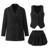 61O1Wv0l6mL.jpg Women's 3-Piece Blazer Suit - Notched Twill Jacket & Bow Waist Pleated Skirt