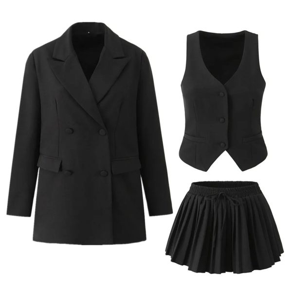 61O1Wv0l6mL.jpg Women's 3-Piece Blazer Suit - Notched Twill Jacket & Bow Waist Pleated Skirt