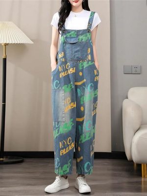 61OQpMEep0L.jpg Women Printed Denim Overalls Sleeveless Wide Leg Denim Jumpsuits Loose Vintage Jumpsuits