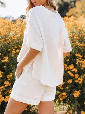 61OldsIFFjL.jpg Summer Cotton Linen Pocket Sets, Short Sleeve T Shirt And Shorts 2 Piece Set, Women Beach Solid Outfits Tracksuit