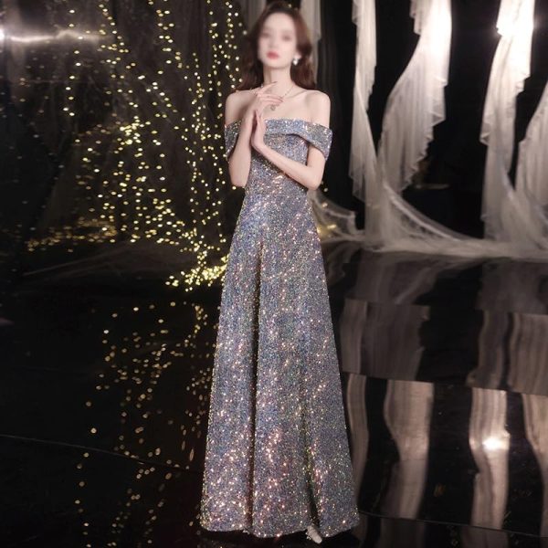 61PLZaC3DoL.jpg Shiny Sequin Off Shoulder Evening Dress for Women Classic Luxury Banquet Party Gown